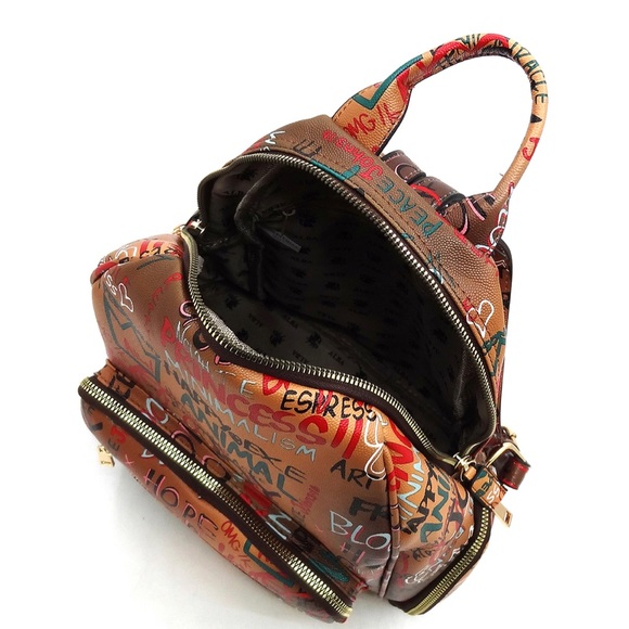 NEW Graffiti Print Backpack Brown, Black,  Multi main image 4